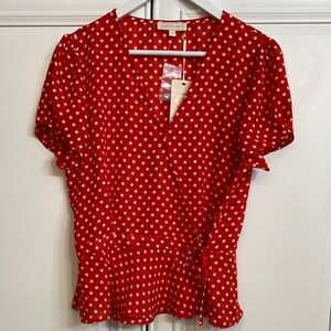 Blousology Size Large Red and White Short Sleeve Wrap Blouse V Neck Ties Top NWT